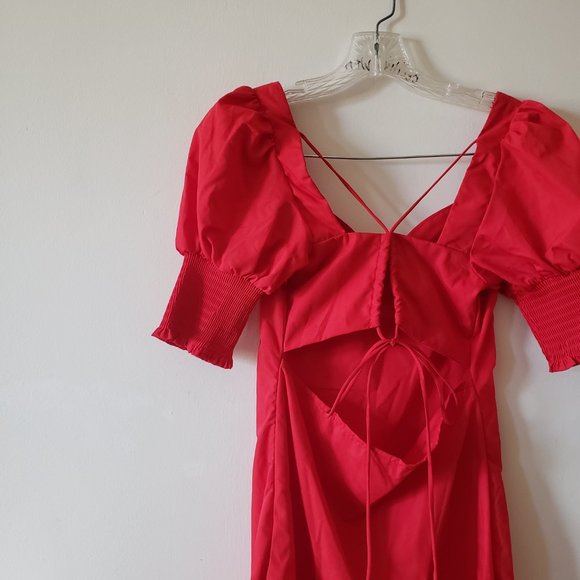 NWOT Red Puffed Sleeve Strappy Cutout Fitted Dress Small - Picture 5 of 5
